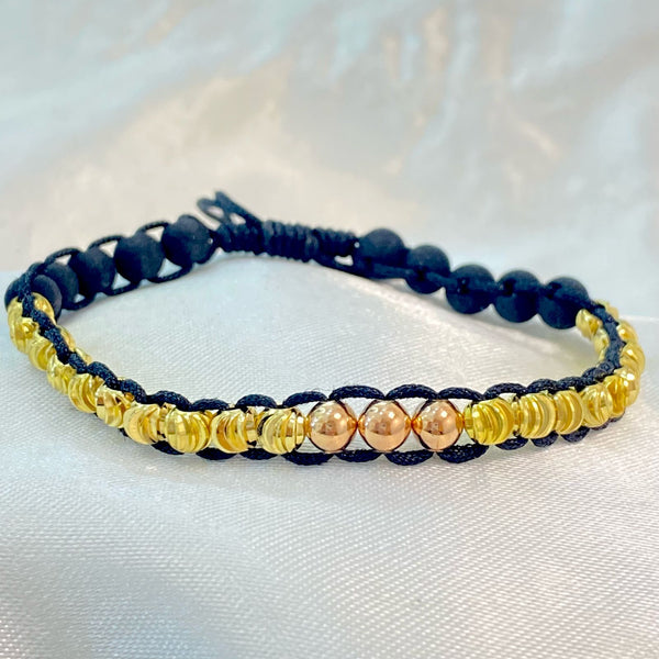 PULSERA NEGRA ENTRETEJIDA CON NEOPRENO, BALIN DIAMANTADO Y ROSADO