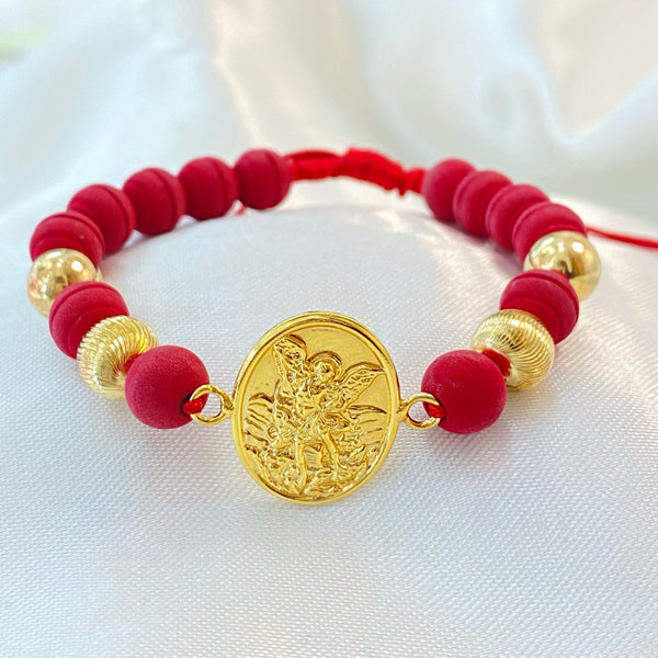 PULSERA ROJA DE NEOPRENO CON MEDALLA DE SAN MIGUEL