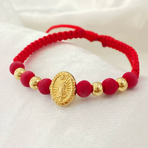 PULSERA ROJA DE LA VIRGEN MILAGROSA TEJIDA, CON NEOPRENO Y BALIN