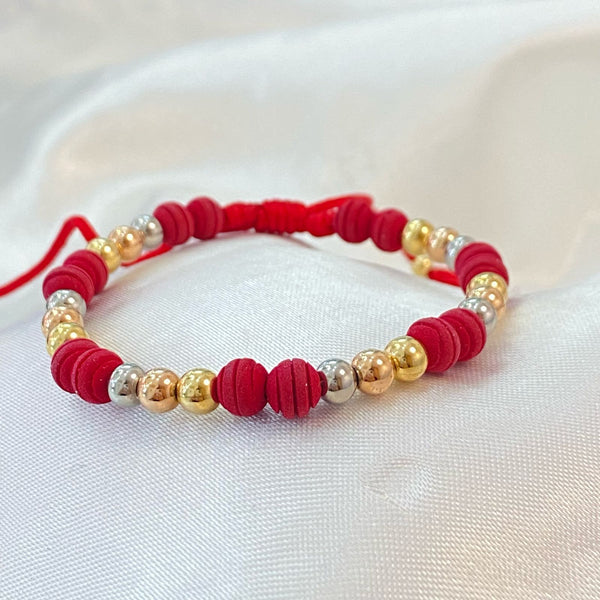 PULSERA ROJA CON NEOPRENO Y BALINES 3 TONOS