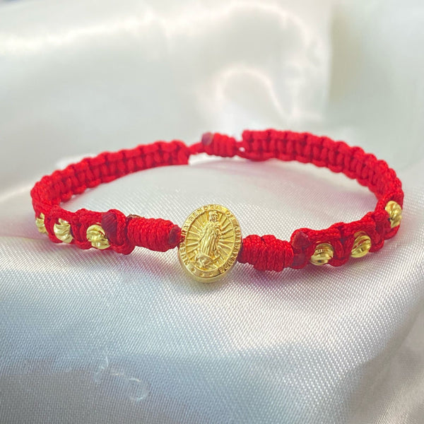 PULSERA ROJA ENTRETEJIDA DE VIRGEN DE GUADALUPE CON BALIN DIAMANTADO