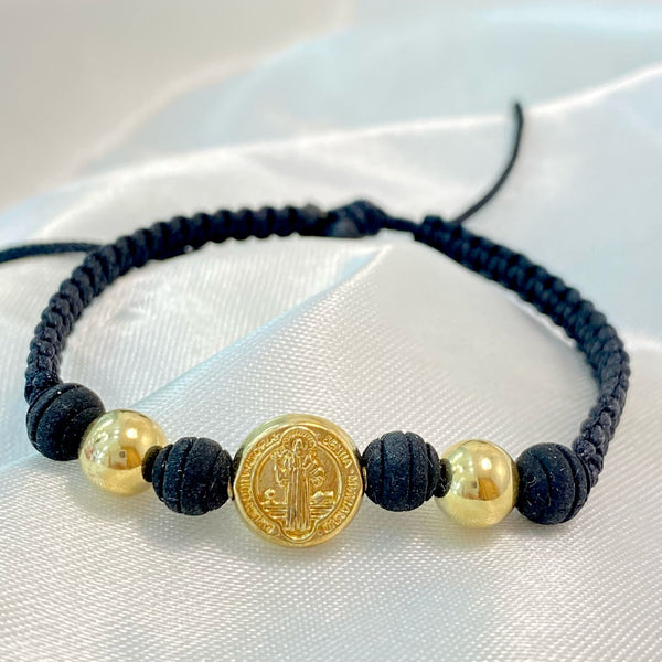 PULSERA NEGRA TEJIDA DE SAN BENITO CON NEOPRENO Y BALINES