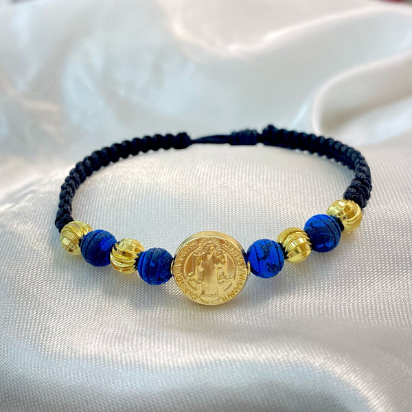 PULSERA NEGRA TEJIDA DE SAN BENITO CON NEOPRENO AZUL Y BALIN DIAMANTADO