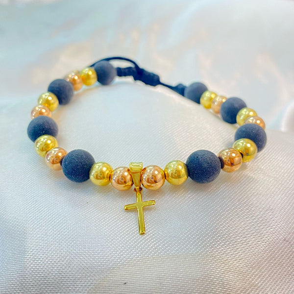 PULSERA NEGRA DE CRUZ CON NEOPRENO Y BALIN MEZCLADO