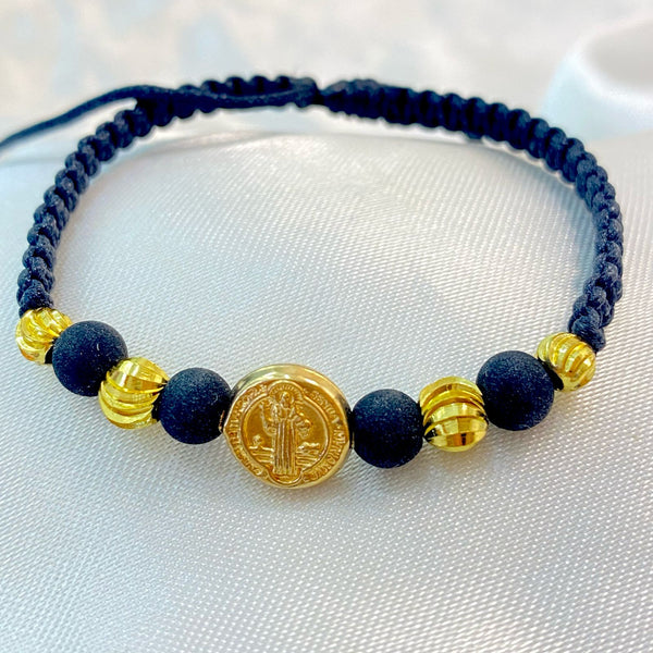PULSERA NEGRA TEJDIDA DE SAN BENITO CON NEOPRENO Y BALIN DIAMANTADO