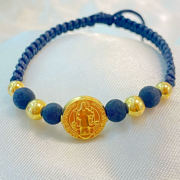 PULSERA NEGRA TEJIDA DE SAN BENITO CON NEOPRENO Y BALIN